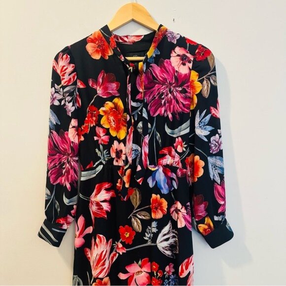 J.crew Tie-Neck Midi Dress Long Sleeve Midnight Dutch Floral Fit & Flare Size 2P - Picture 4 of 9